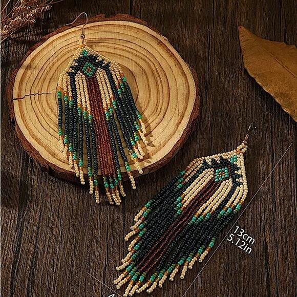 Bohemian Beaded Dangle Tassel Earrings, Tribal Design, Western, Boho, Fringe - Picture 5 of 5